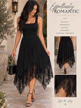 VTG Black Pleated Midi Skirt Size S Asymmetrical Lace Hem Witchy Gothic Romantic